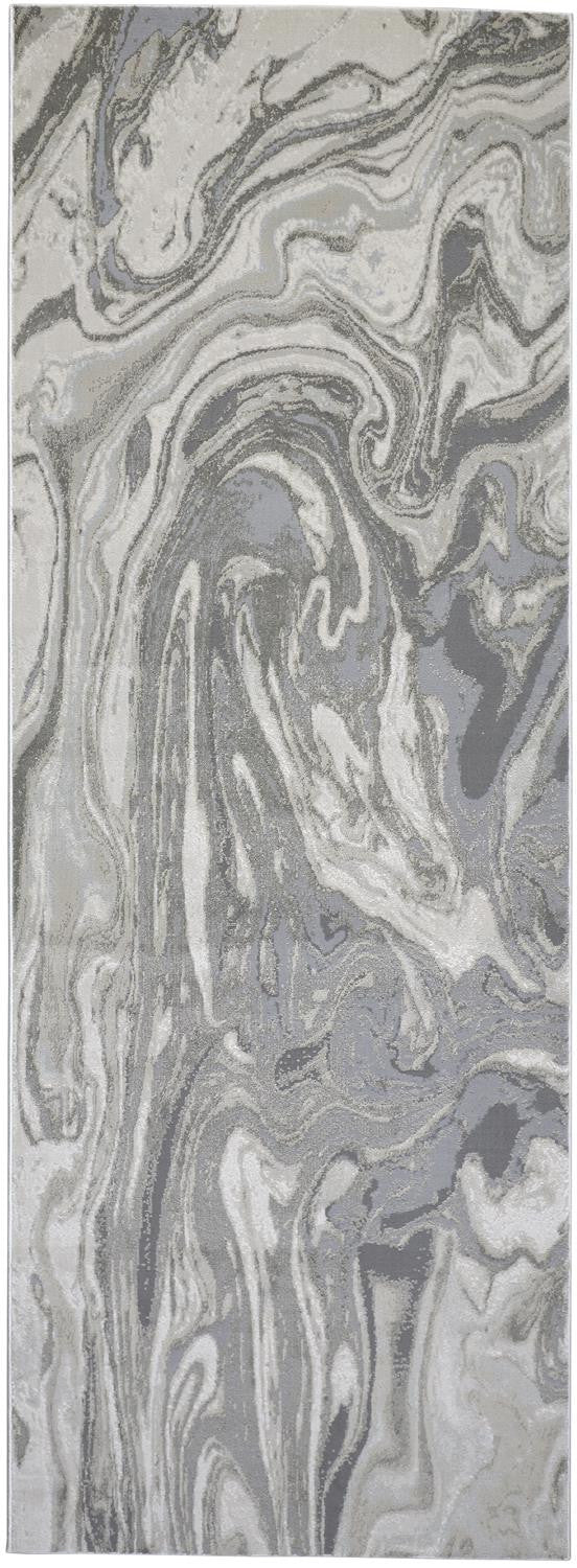 8' Gray Ivory and Silver Abstract Power Loom Distressed Runner Rug