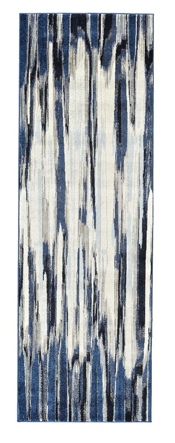 8' Ivory Blue and Gray Abstract Power Loom Distressed Runner Rug