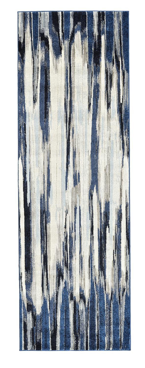 8' Ivory Blue and Gray Abstract Power Loom Distressed Runner Rug