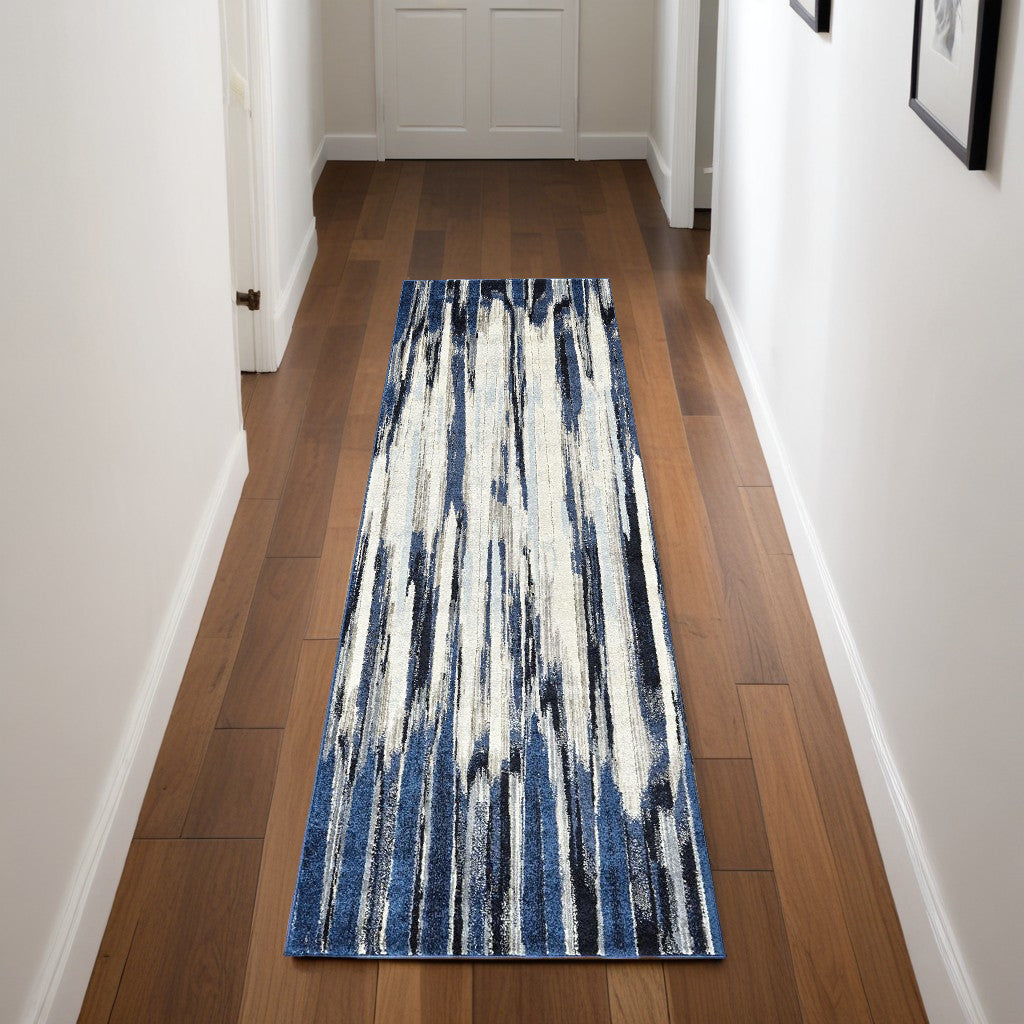 8' Ivory Blue and Gray Abstract Power Loom Distressed Runner Rug