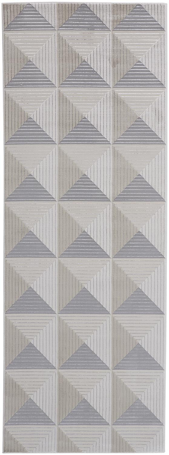 8' Gray and Ivory Geometric Power Loom Runner Rug