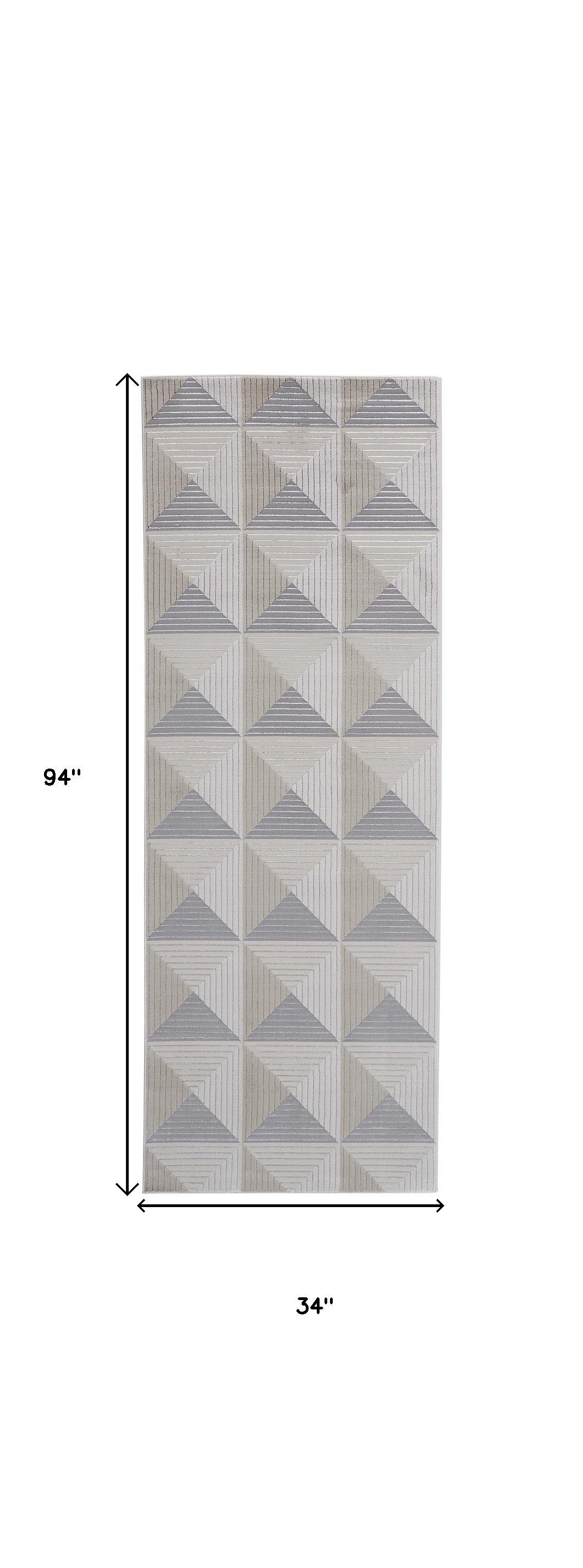 8' Gray and Ivory Geometric Power Loom Runner Rug