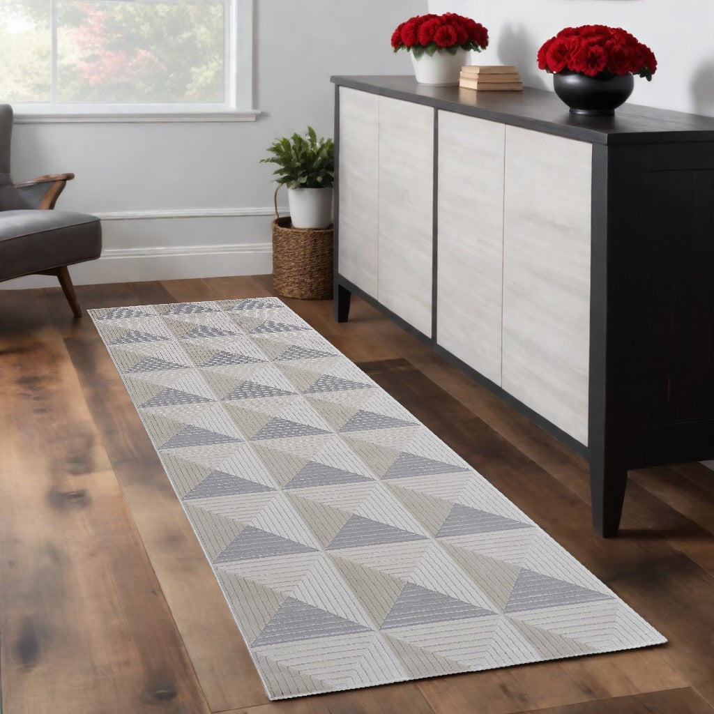 8' Gray and Ivory Geometric Power Loom Runner Rug