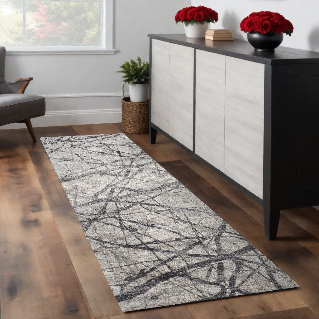 8' Gray and Ivory Abstract Power Loom Distressed Runner Rug