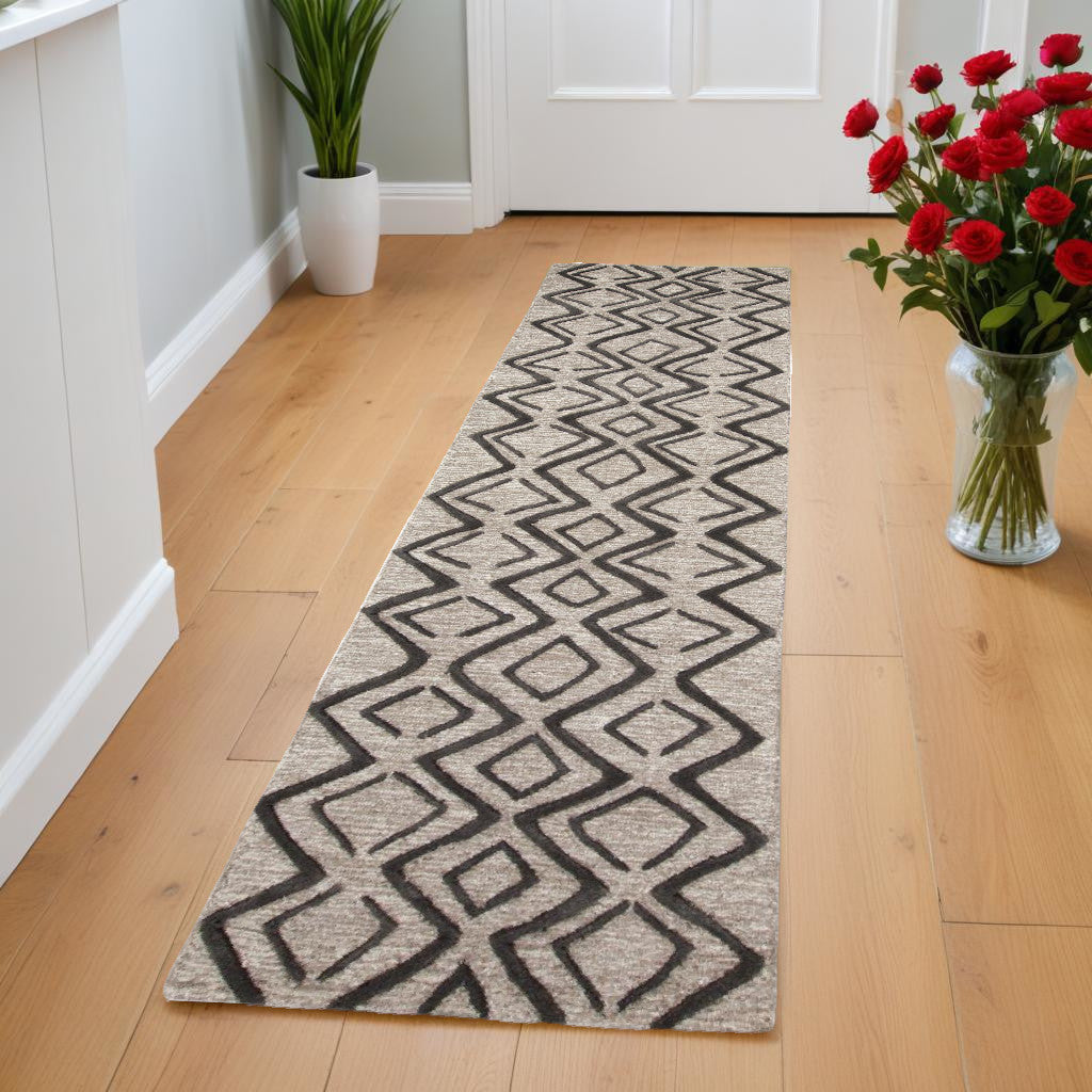 8' Black and Taupe Geometric Hand Tufted Runner Rug