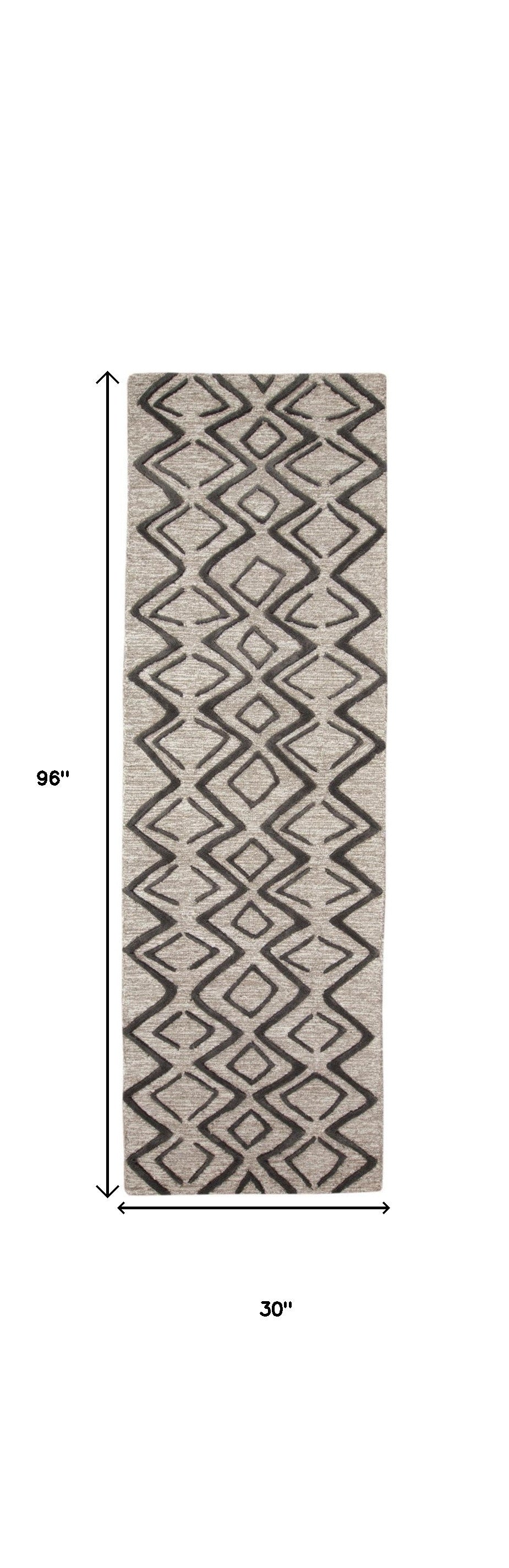 8' Black and Taupe Geometric Hand Tufted Runner Rug