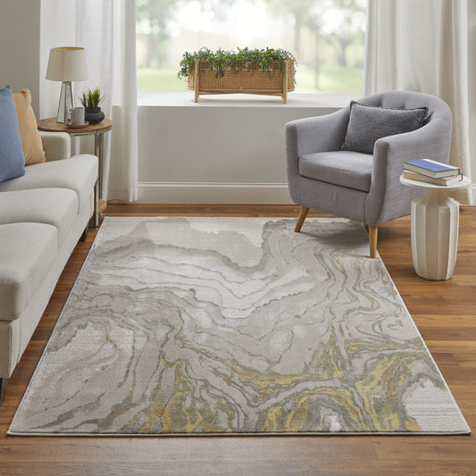 10' x 13' Gold and Ivory Abstract Area Rug