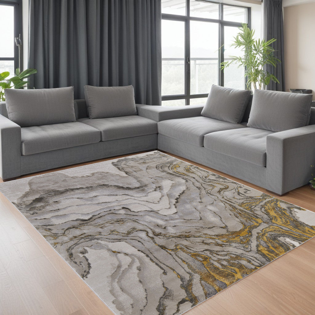 10' x 13' Gold and Ivory Abstract Area Rug