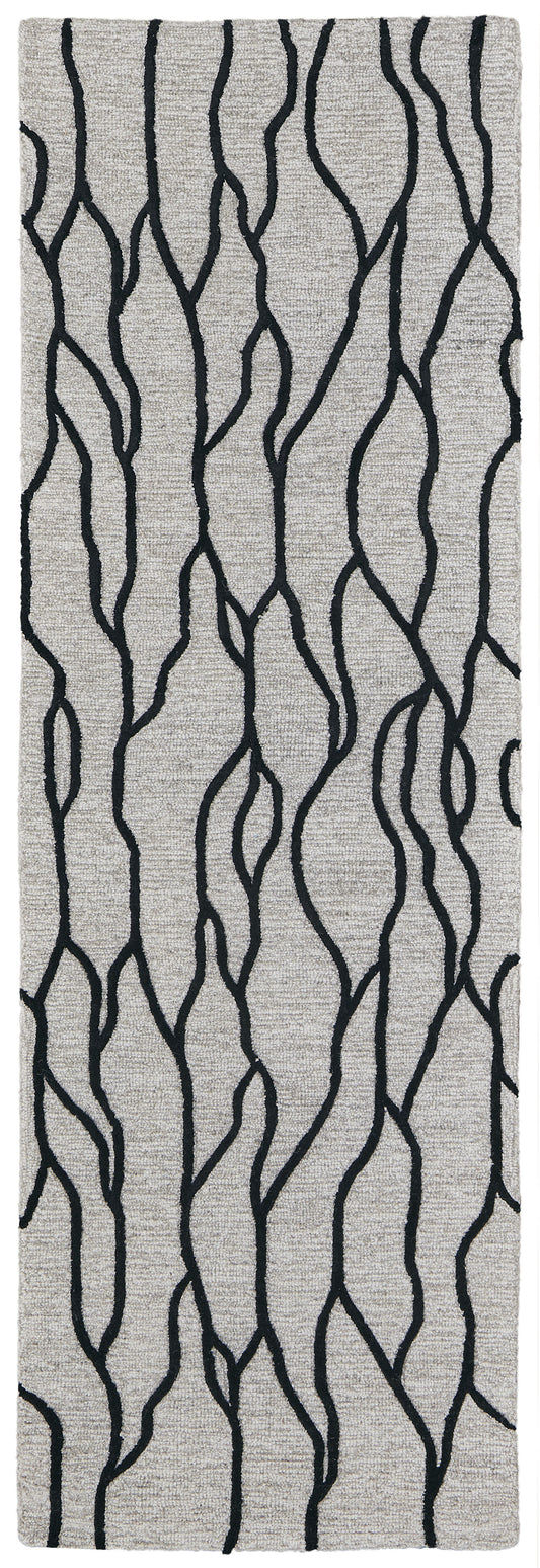 8' Black and Taupe Abstract Hand Tufted Runner Rug