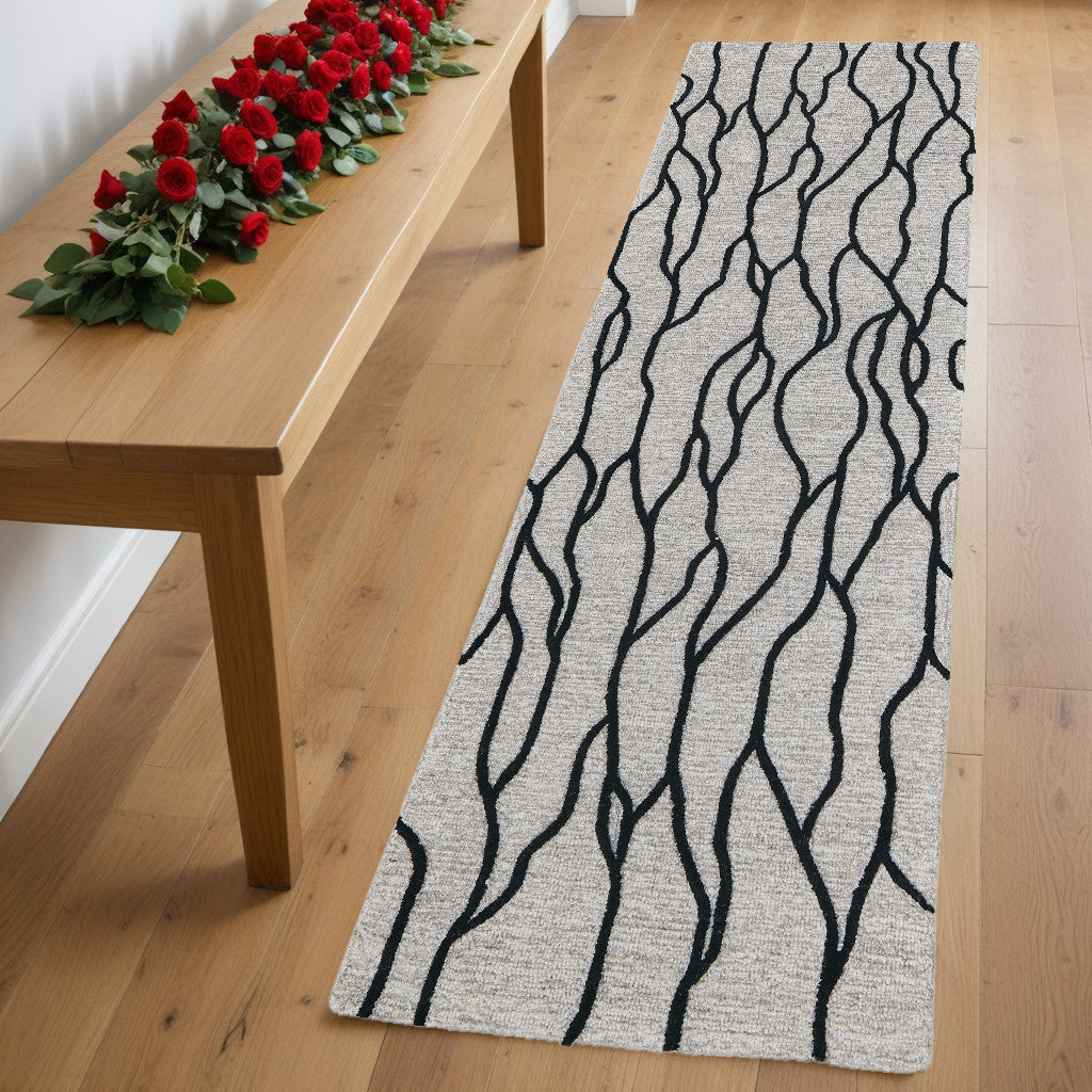 8' Black and Taupe Abstract Hand Tufted Runner Rug