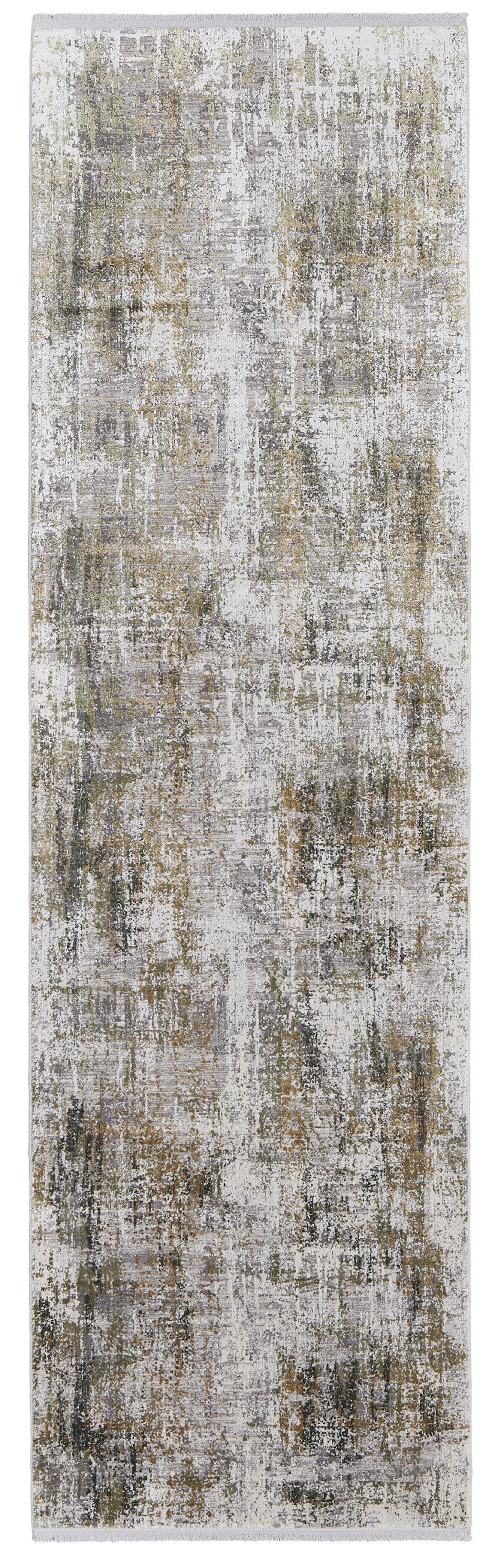 10' Gray and Ivory Abstract Power Loom Runner Rug With Fringe