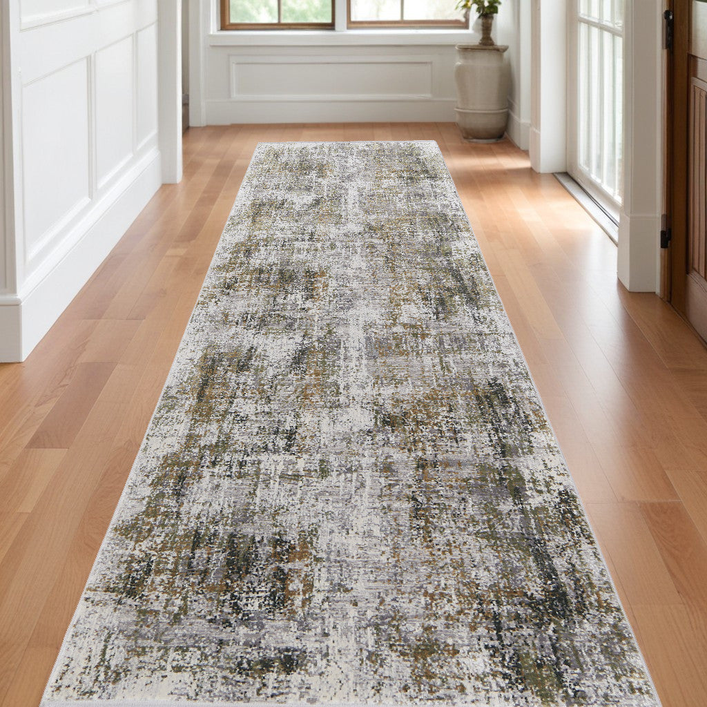 10' Gray and Ivory Abstract Power Loom Runner Rug With Fringe