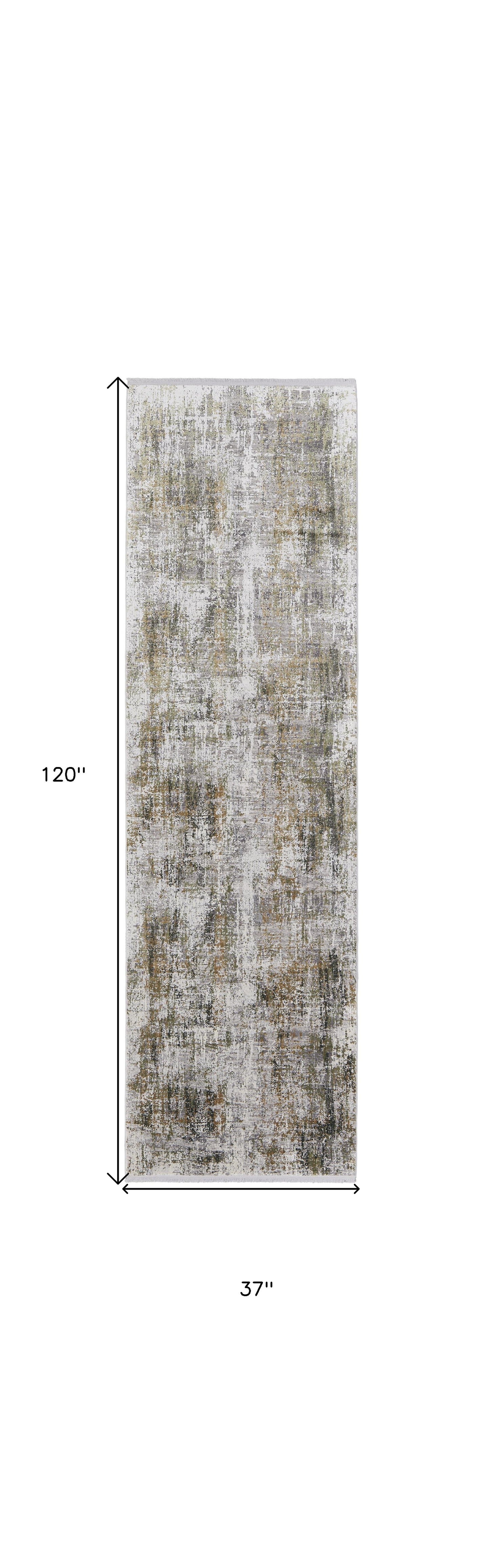 10' Gray and Ivory Abstract Power Loom Runner Rug With Fringe