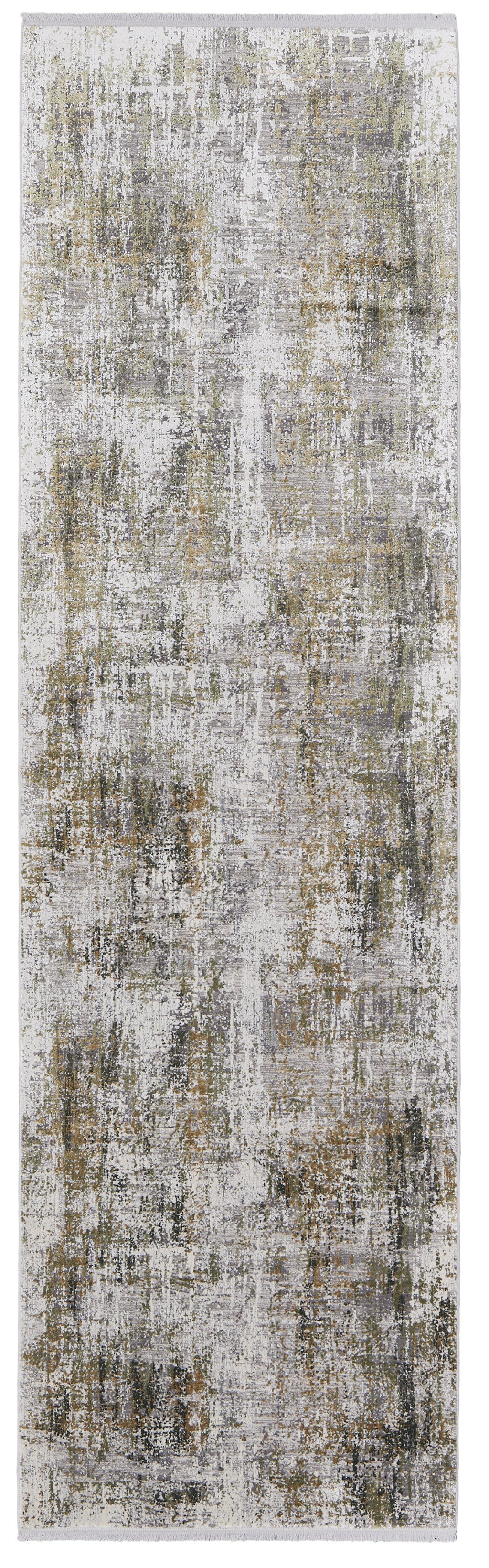 10' Gray and Ivory Abstract Power Loom Runner Rug With Fringe