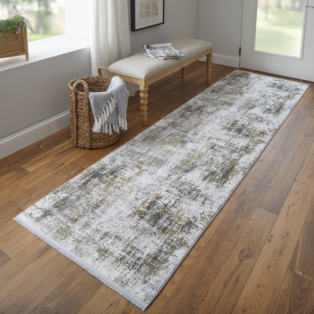 10' Gray and Ivory Abstract Power Loom Runner Rug With Fringe