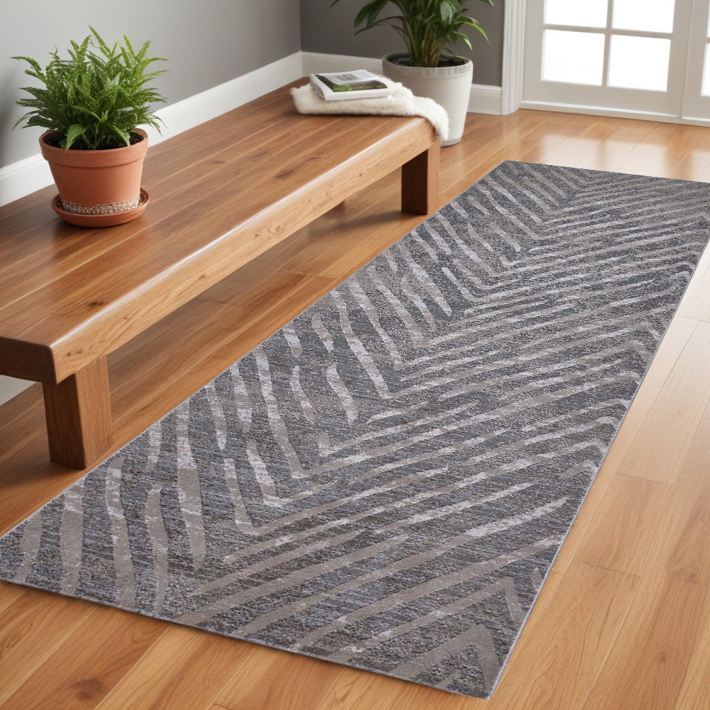 8' Gray and Silver Abstract Distressed Runner Rug