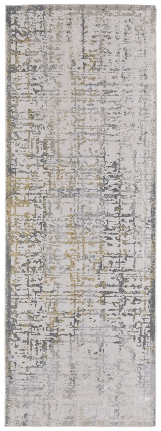 8' Ivory and Gray Abstract Distressed Runner Rug