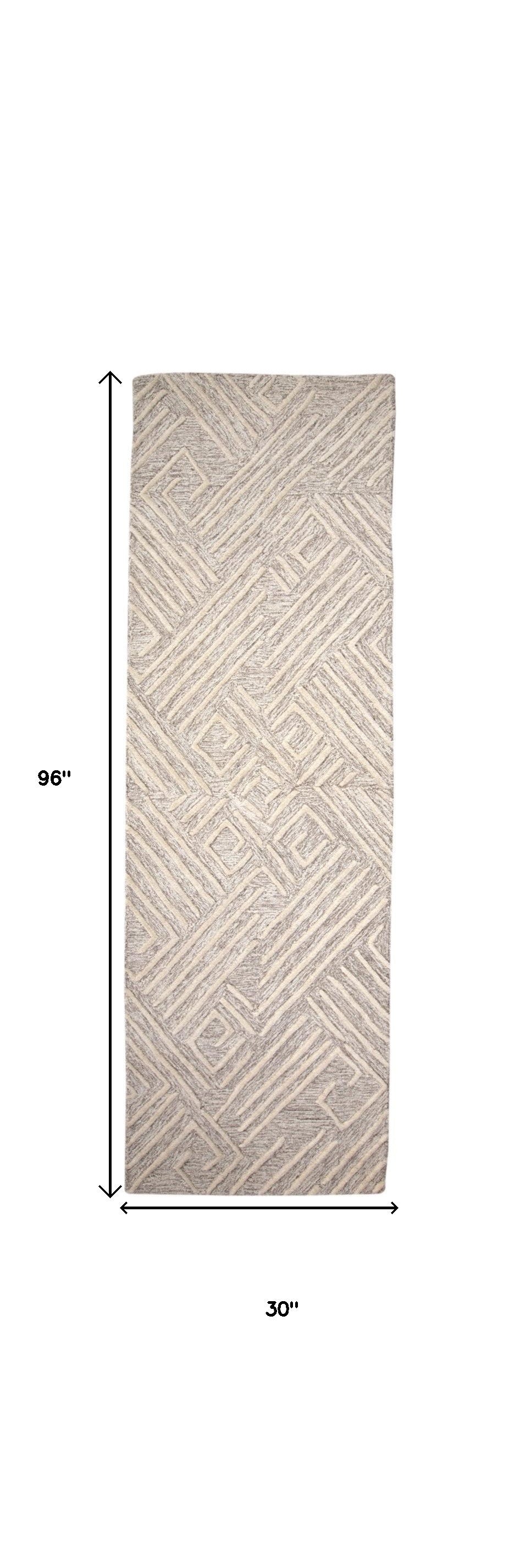 8' Ivory and Tan Geometric Hand Tufted Runner Rug