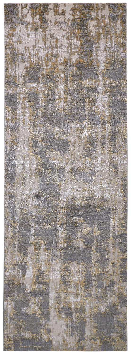 8' Gray and Gold Abstract Distressed Runner Rug