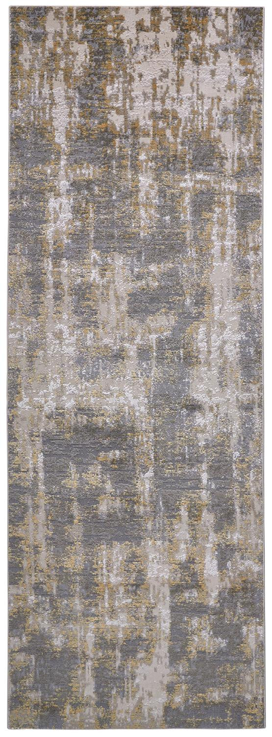 8' Gray and Gold Abstract Distressed Runner Rug