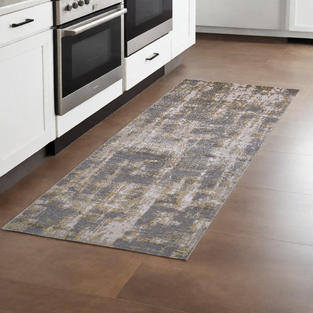 8' Gray and Gold Abstract Distressed Runner Rug