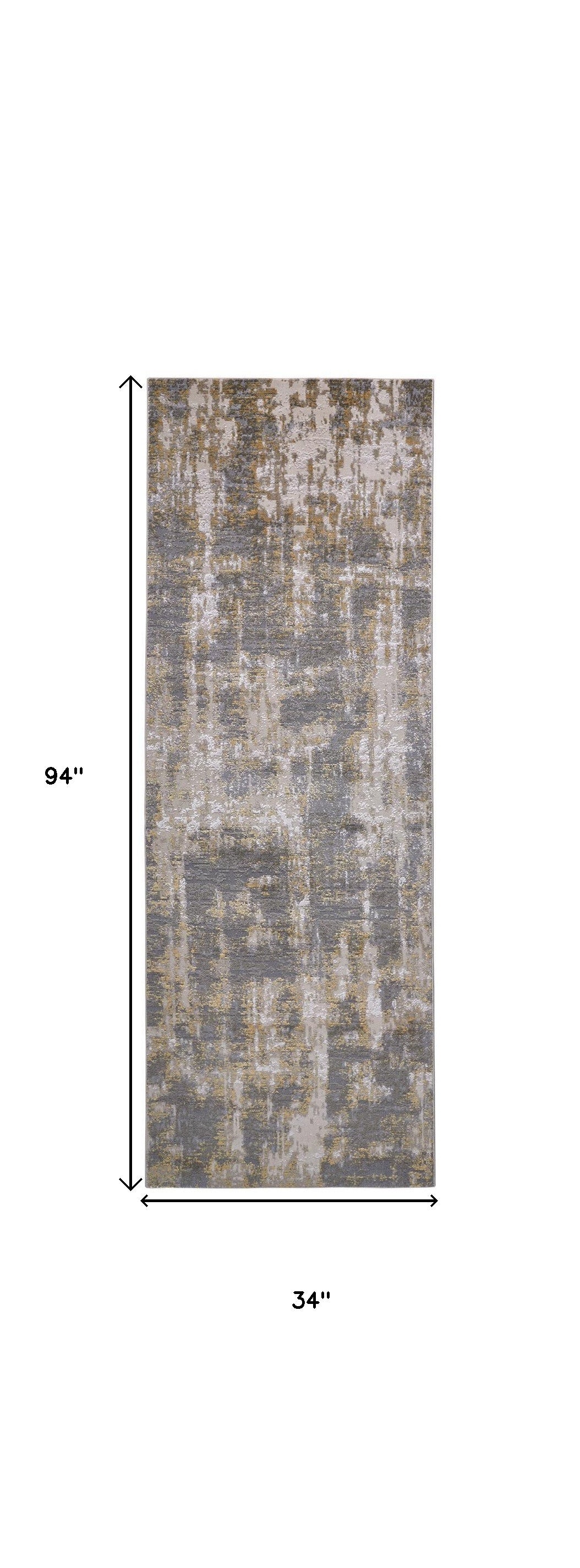 8' Gray and Gold Abstract Distressed Runner Rug