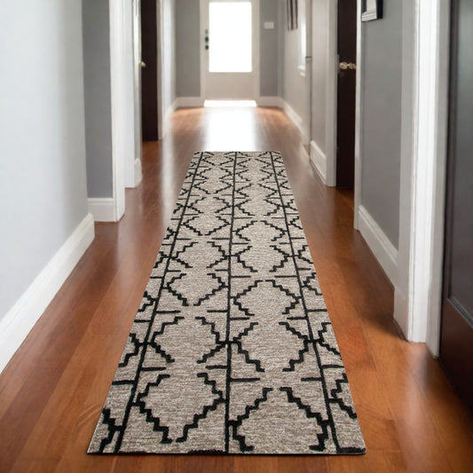 8' Black and Taupe Geometric Hand Tufted Runner Rug