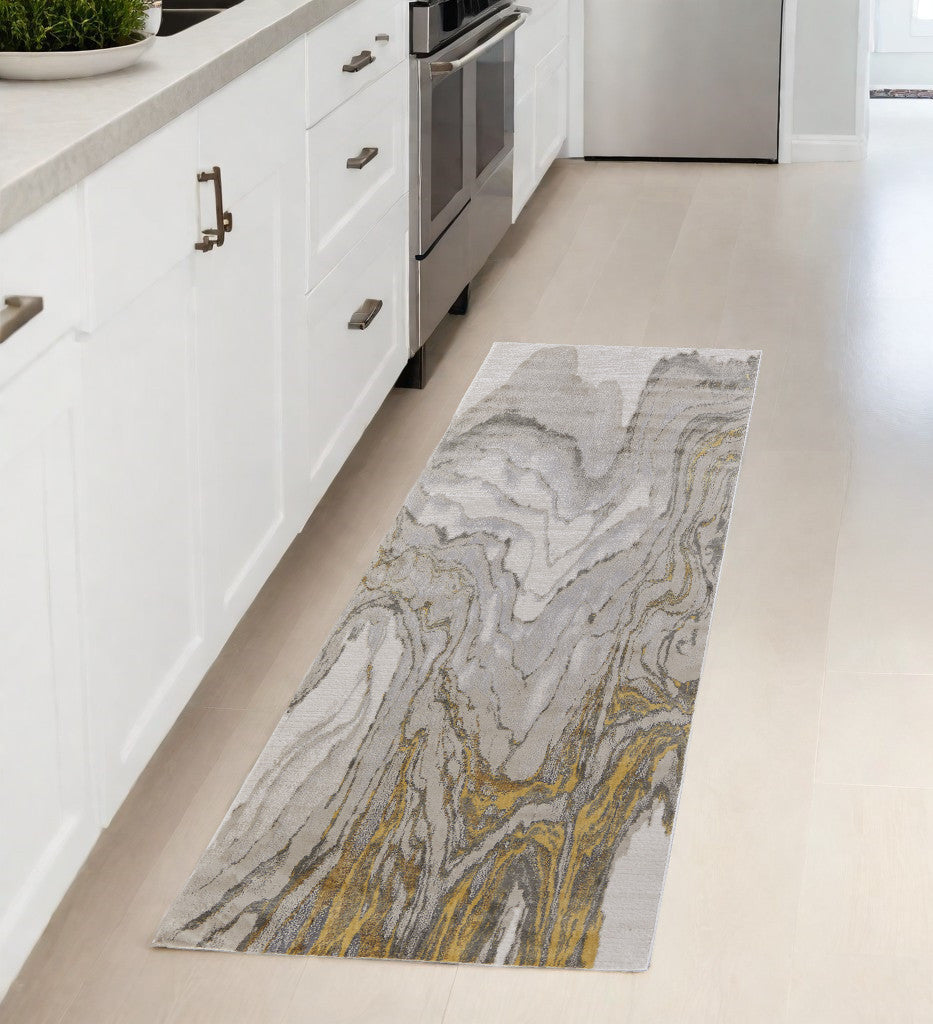 8' Gold and Ivory Abstract Runner Rug