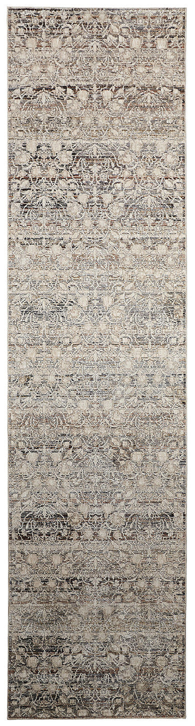 12' Gray and Ivory Oriental Power Loom Distressed Runner Rug With Fringe