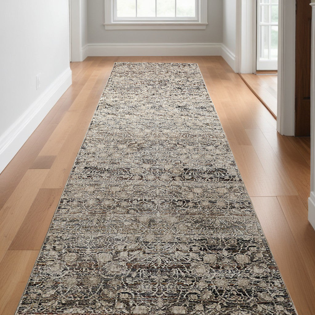 12' Gray and Ivory Oriental Power Loom Distressed Runner Rug With Fringe