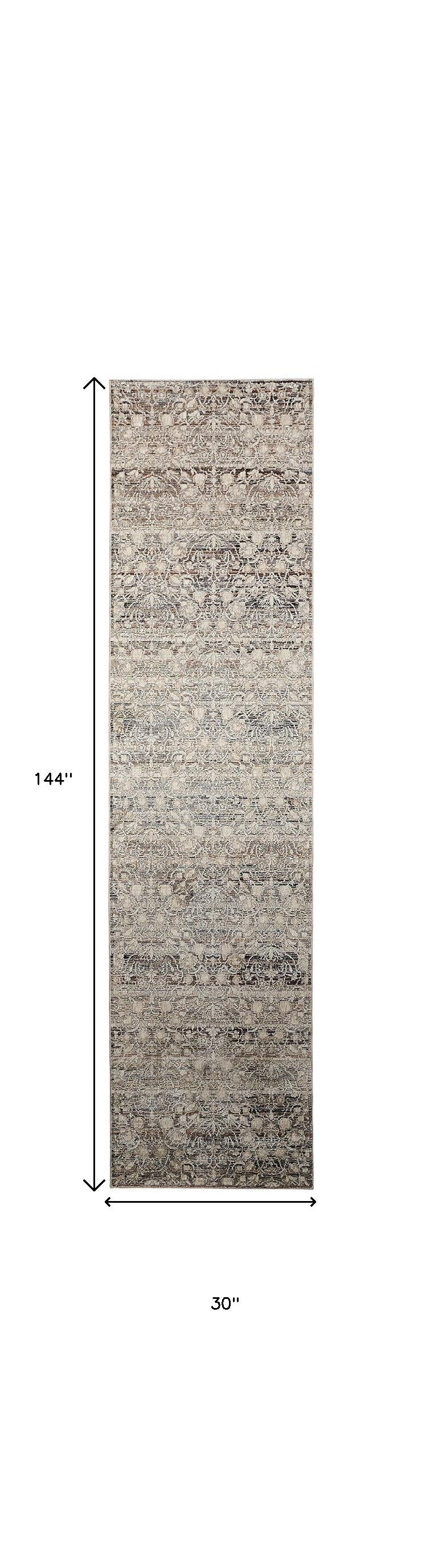 12' Gray and Ivory Oriental Power Loom Distressed Runner Rug With Fringe