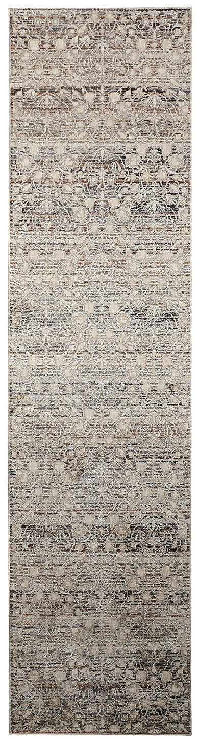 12' Gray and Ivory Oriental Power Loom Distressed Runner Rug With Fringe