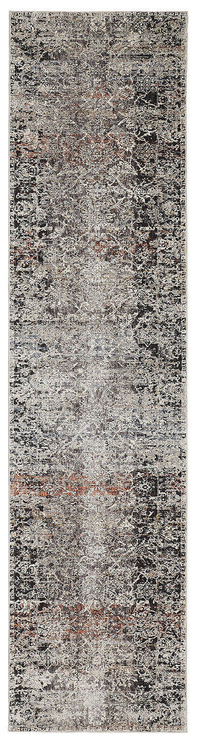 8' Gray Black and Red Oriental Power Loom Distressed Runner Rug With Fringe