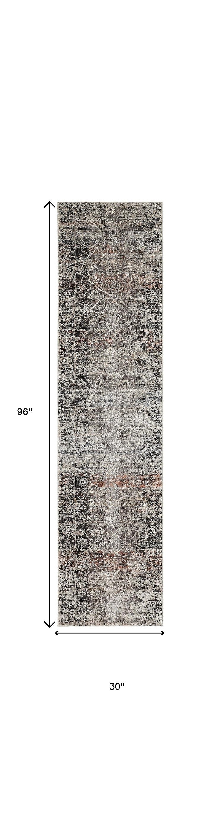 8' Gray Black and Red Oriental Power Loom Distressed Runner Rug With Fringe