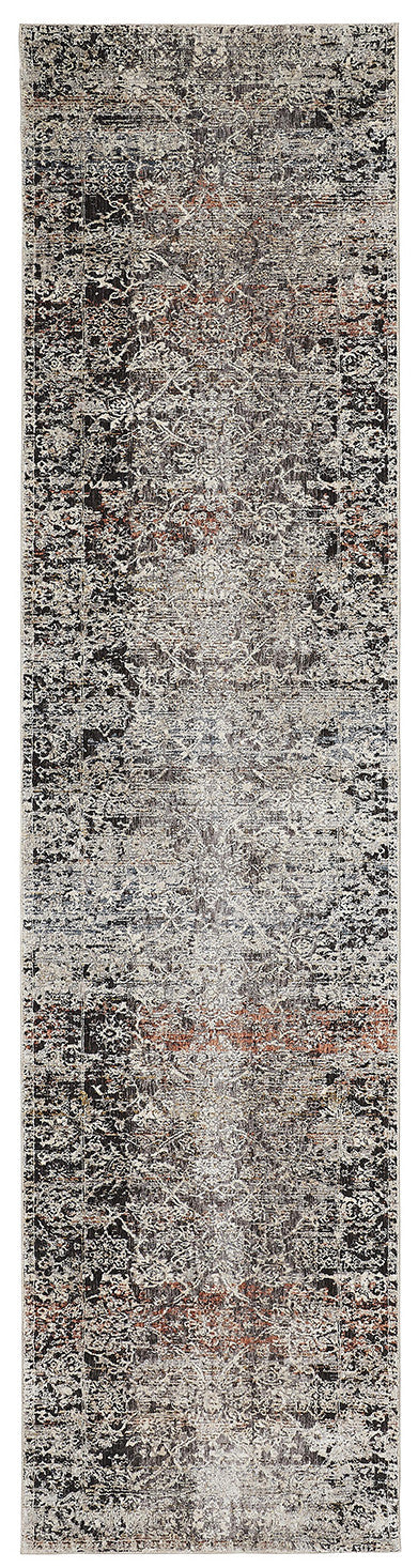 8' Gray Black and Red Oriental Power Loom Distressed Runner Rug With Fringe