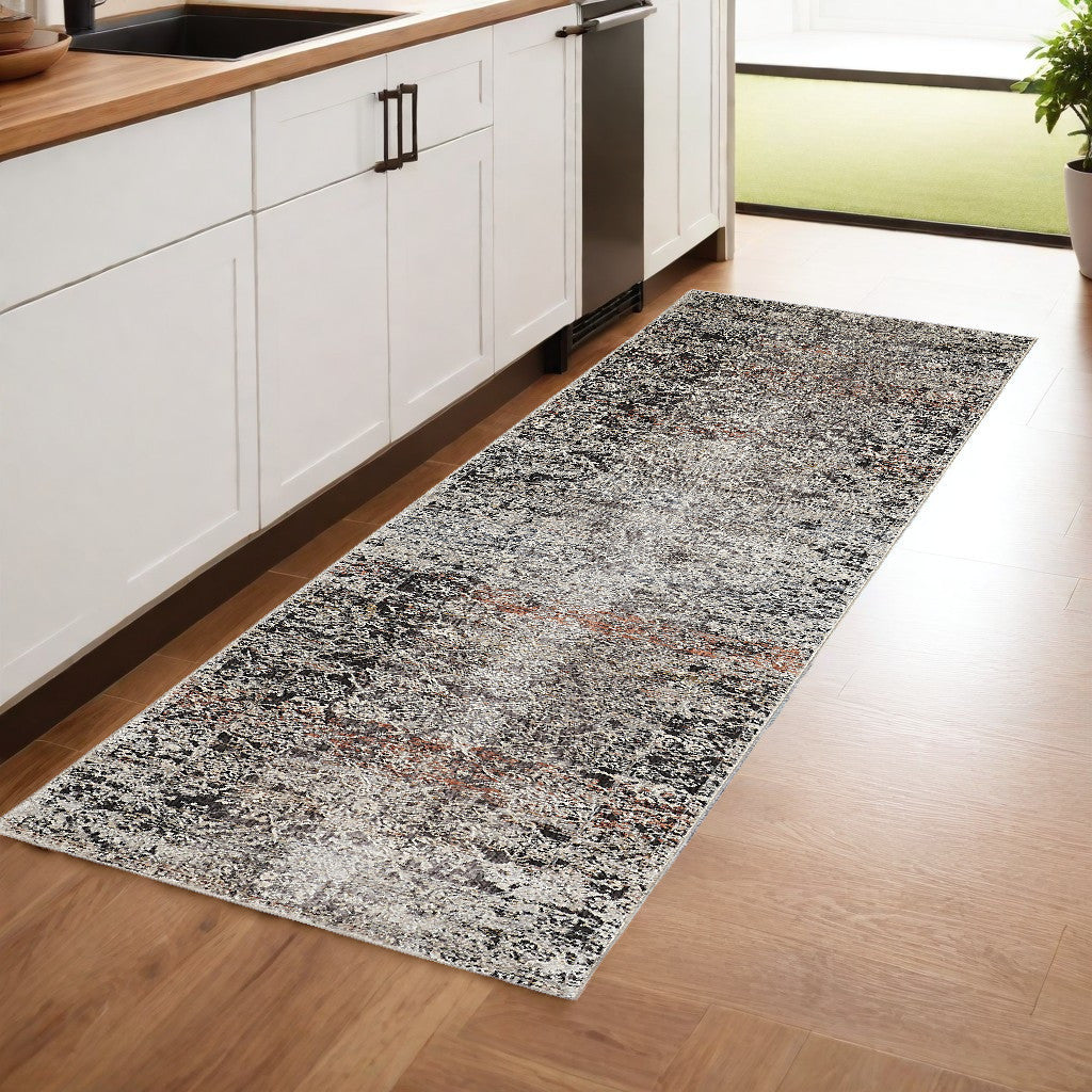 8' Gray Black and Red Oriental Power Loom Distressed Runner Rug With Fringe