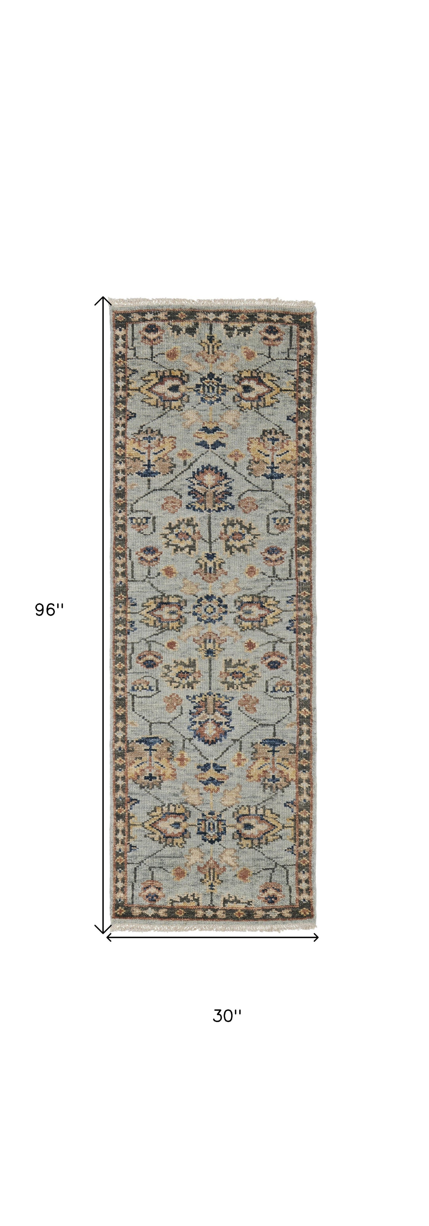 8' Gray and Gold Oriental Hand Knotted Runner Rug With Fringe