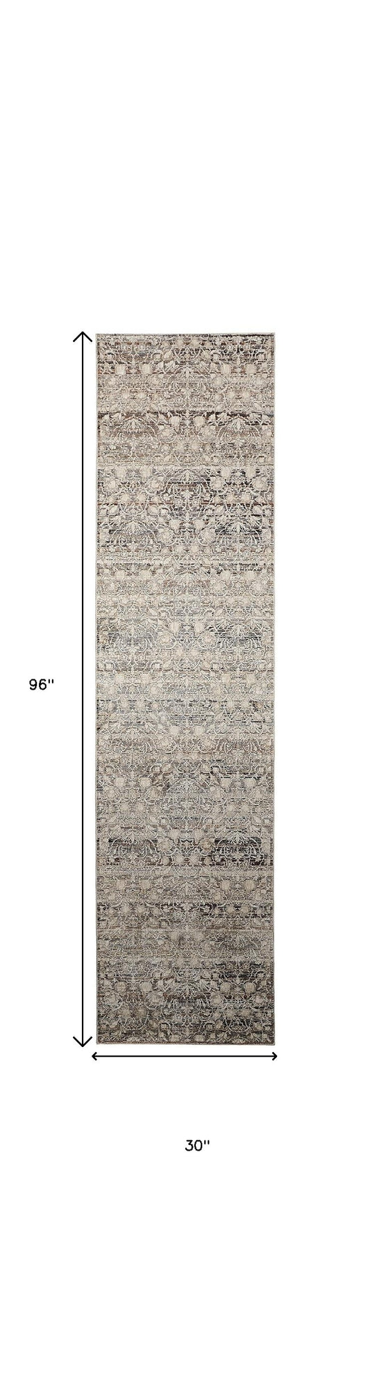 8' Gray and Ivory Oriental Power Loom Distressed Runner Rug With Fringe