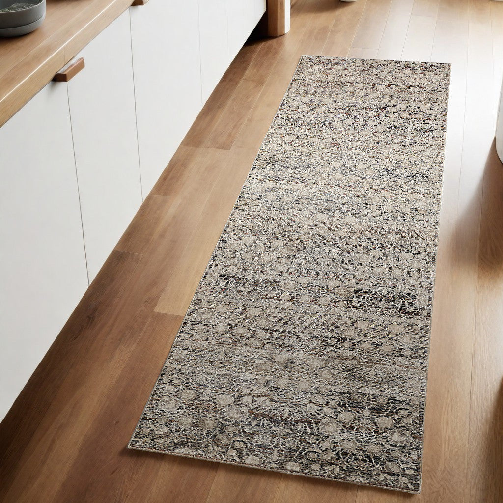 8' Gray and Ivory Oriental Power Loom Distressed Runner Rug With Fringe