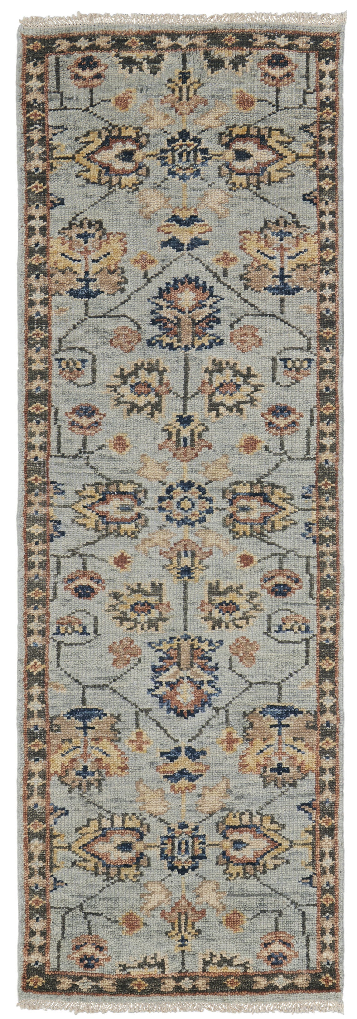 8' Gray and Gold Oriental Hand Knotted Runner Rug With Fringe