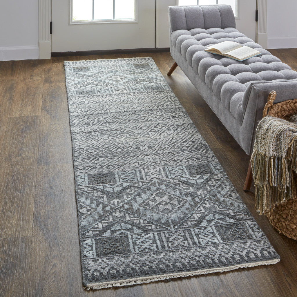 8' Gray Ivory and Blue Geometric Hand Knotted Runner Rug With Fringe