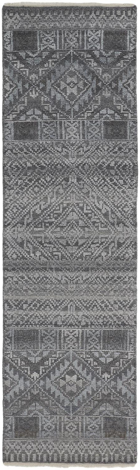 8' Gray Ivory and Blue Geometric Hand Knotted Runner Rug With Fringe