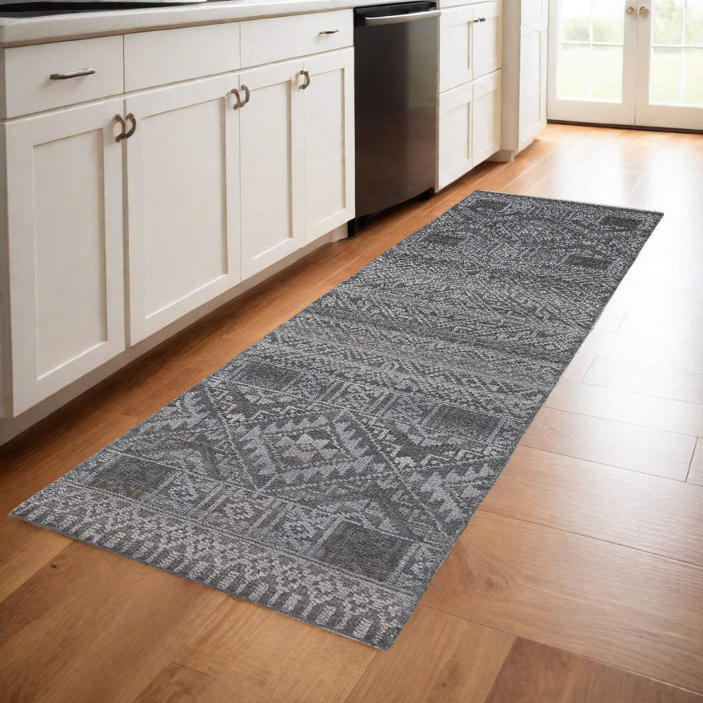 8' Gray Ivory and Blue Geometric Hand Knotted Runner Rug With Fringe