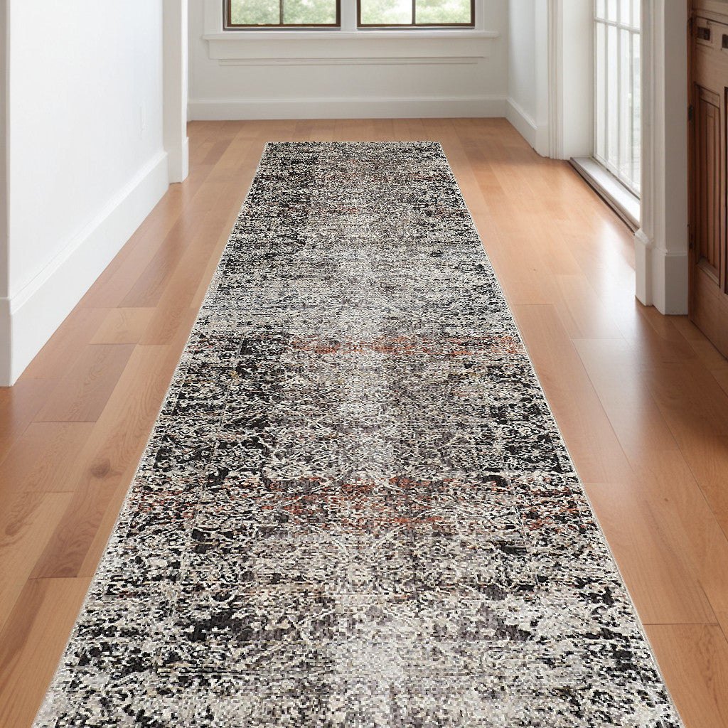 10' Gray Black and Red Oriental Power Loom Distressed Runner Rug With Fringe