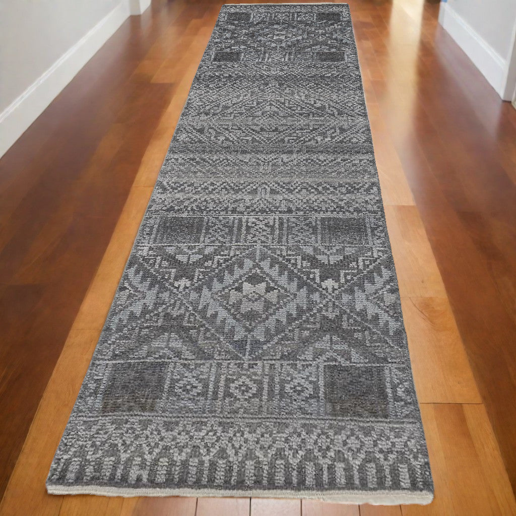 10' Gray Ivory and Blue Geometric Hand Knotted Runner Rug With Fringe