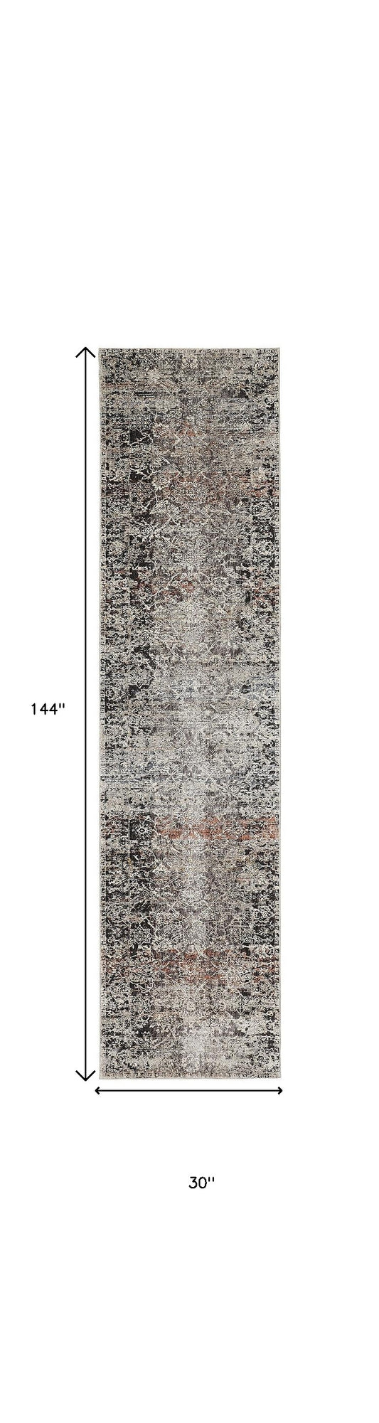 12' Gray Black and Red Oriental Power Loom Distressed Runner Rug With Fringe