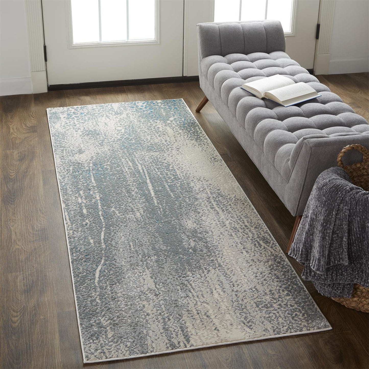 8' Gray and Ivory Abstract Power Loom Runner Rug