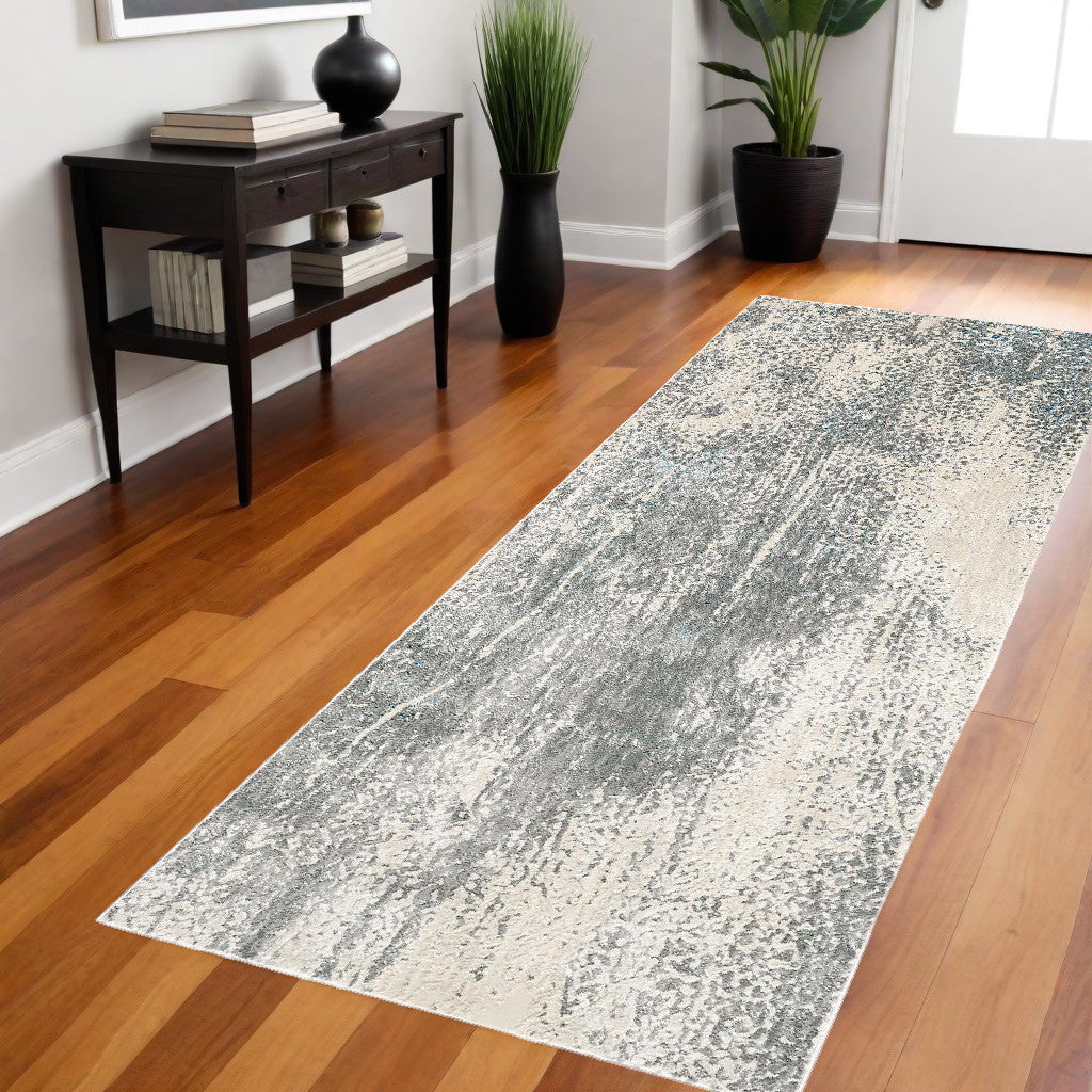 8' Gray and Ivory Abstract Power Loom Runner Rug