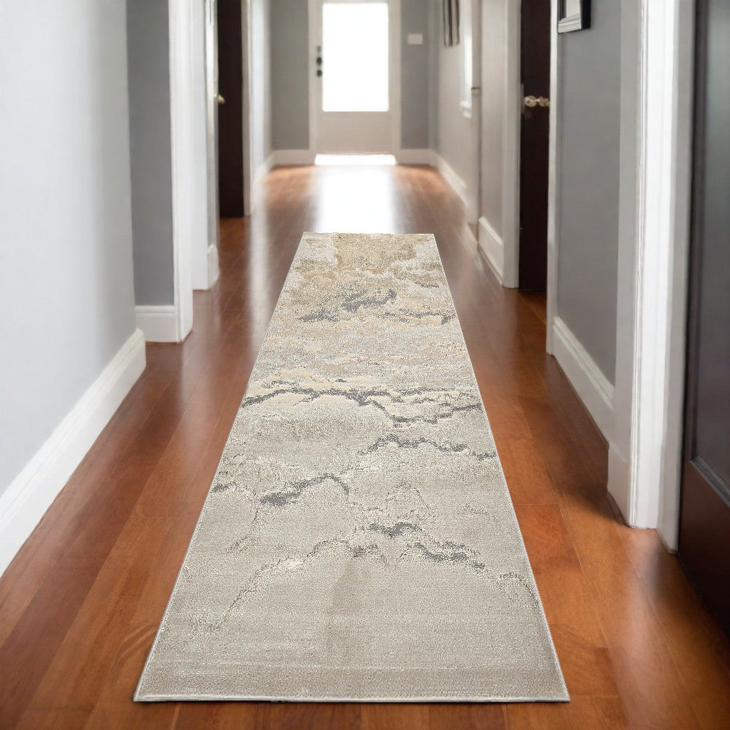 8' Brown and Ivory Abstract Power Loom Runner Rug