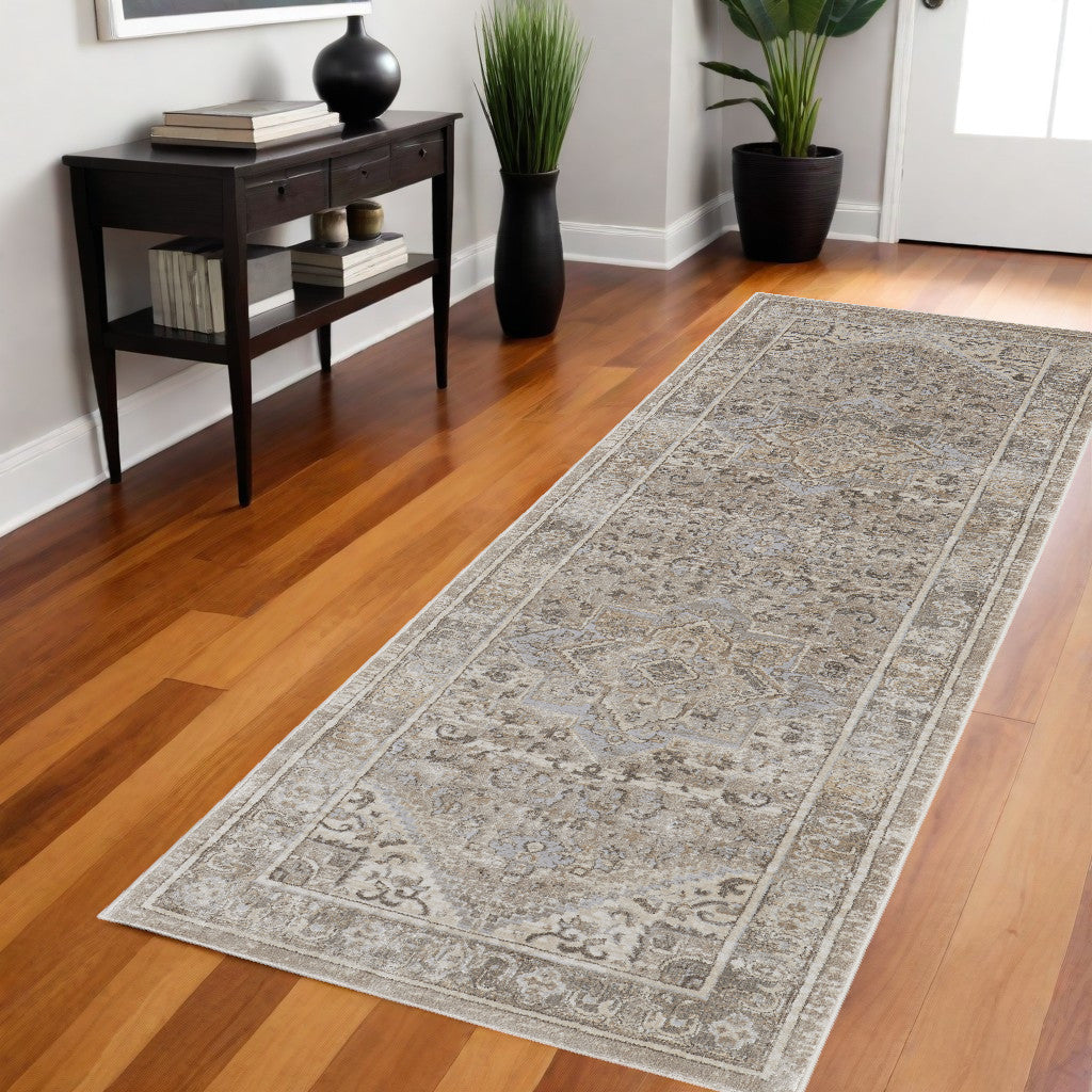 8' Brown and Ivory Medallion Power Loom Distressed Runner Rug